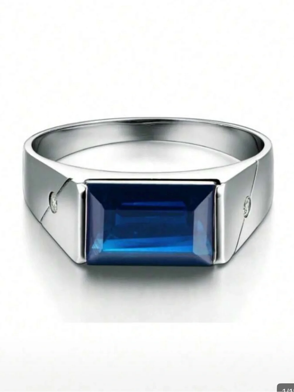 Silver Tone Men's Ring with Deep Blue Cubic Zirconia Rectangular Gem